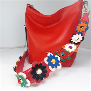 Ремень для сумки кожаный фурнитура серебро /ремень на сумку красный с цветами объемными - фото 34017