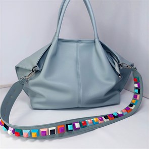 Ремень для сумки кожаный фурнитура серебро /ремень на сумку голубой с шипами объемными - фото 34045