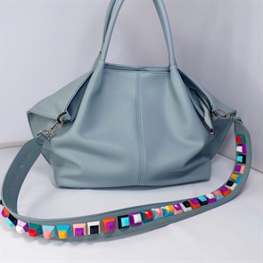 Ремень для сумки кожаный фурнитура серебро /ремень на сумку голубой с шипами объемными - фото 34046