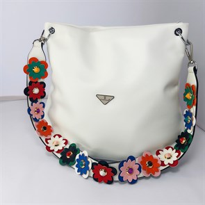 Ремень для сумки кожаный фурнитура серебро /ремень на сумку черно-белый с цветами объемными - фото 34083