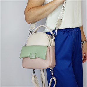 Сумка рюкзак трехцветная маленькая серо-бежевая / Женский рюкзак трансформер /Городской рюкзак